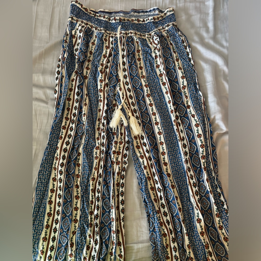 shosho Blue & Cream Boho Stripe Wide Leg Pants